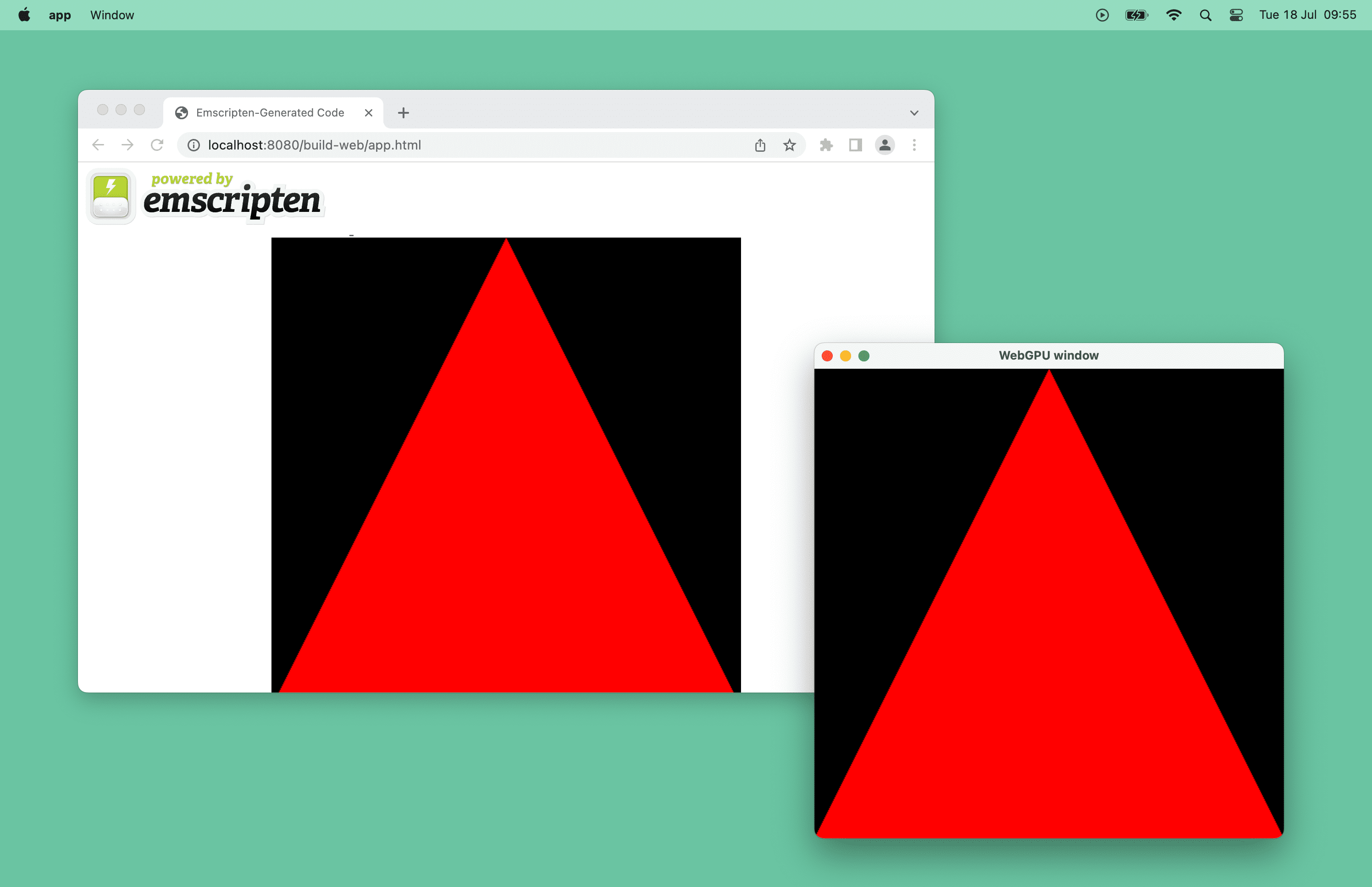 Screenshot di un triangolo rosso basato su WebGPU in una finestra del browser e una finestra del desktop su macOS.