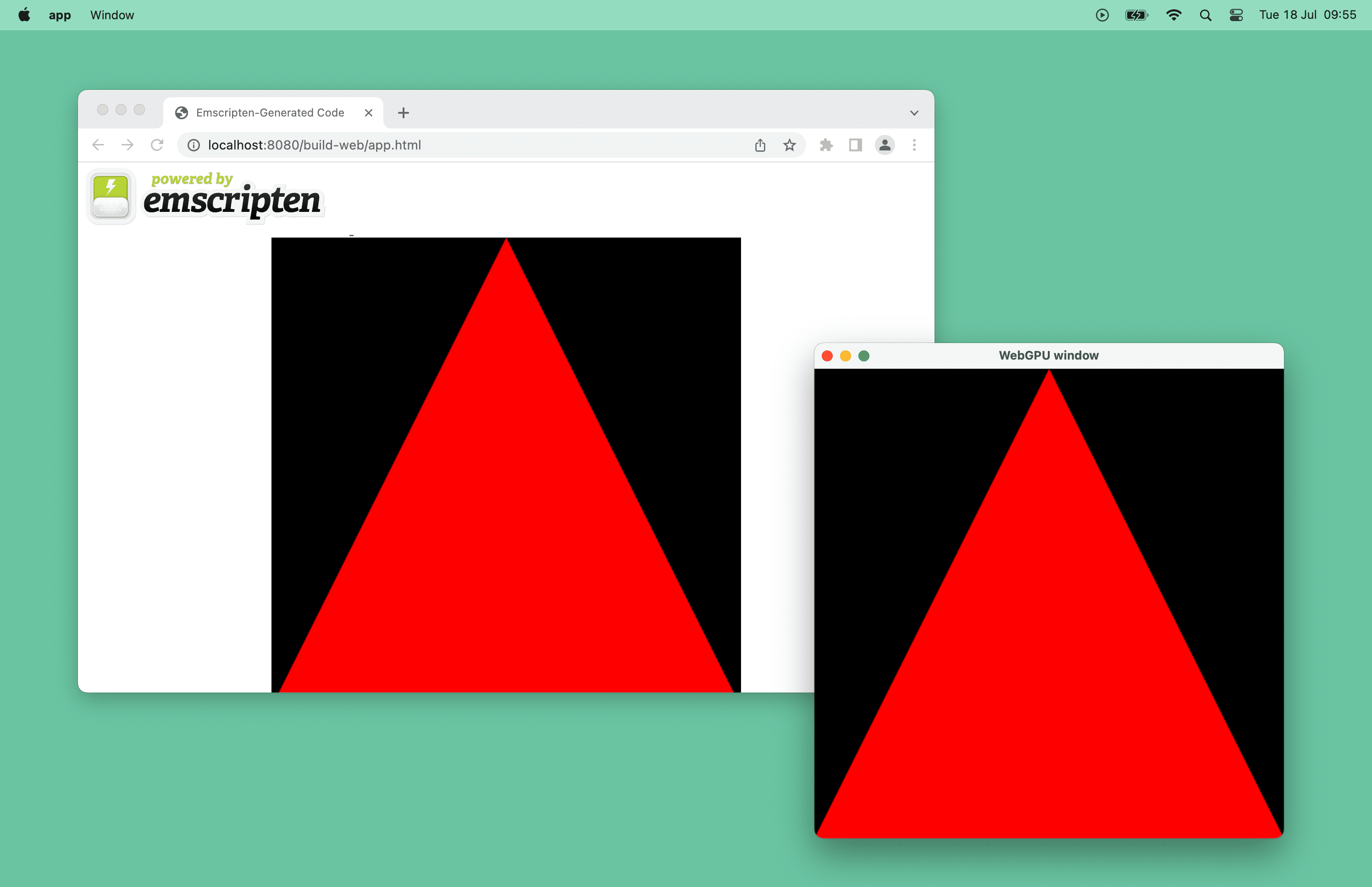 WebGPU による赤い三角形の macOS のブラウザ ウィンドウとデスクトップ ウィンドウのスクリーンショット。