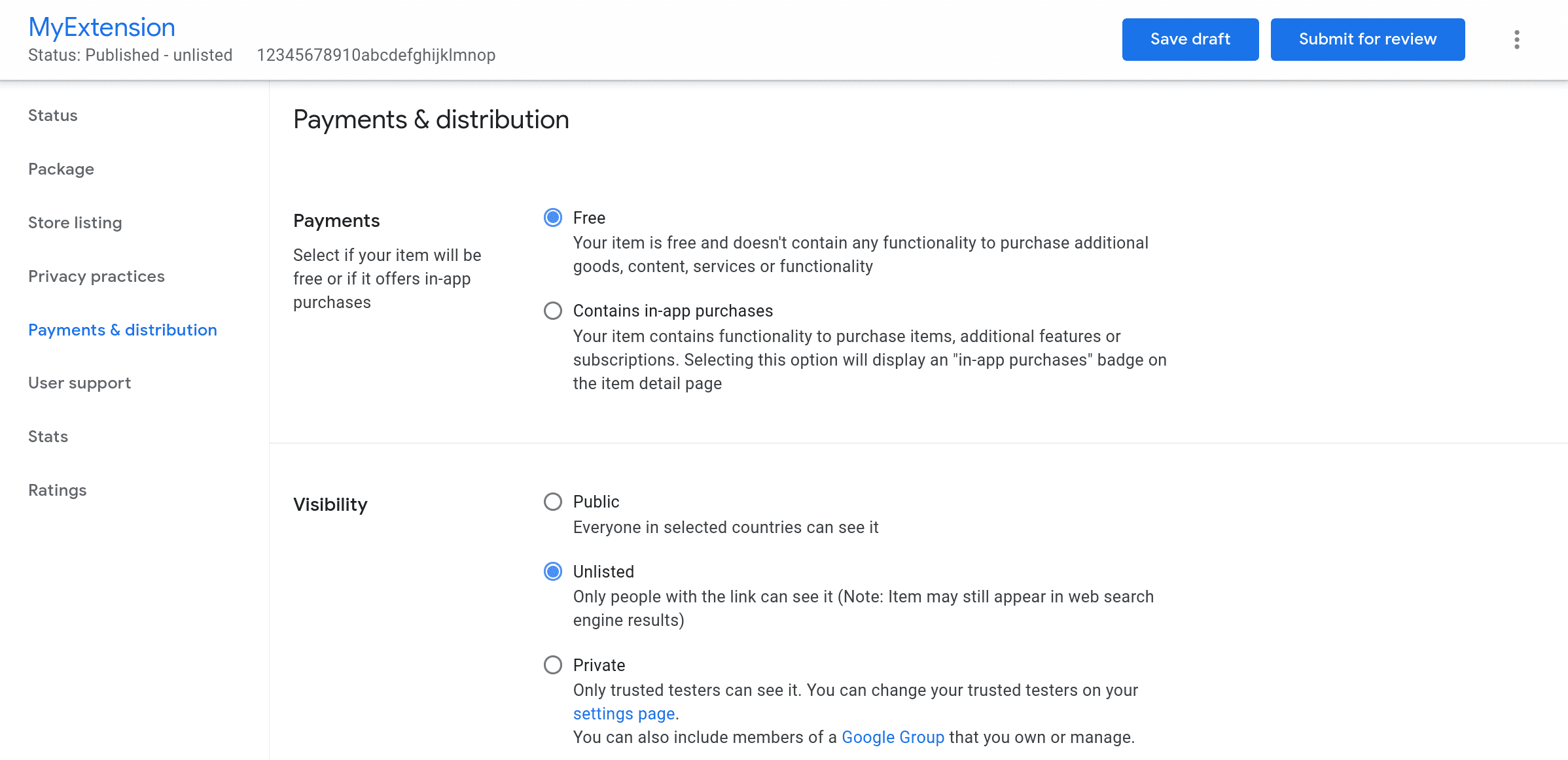 Screenshot of the Chrome Web Store payment and distribution page