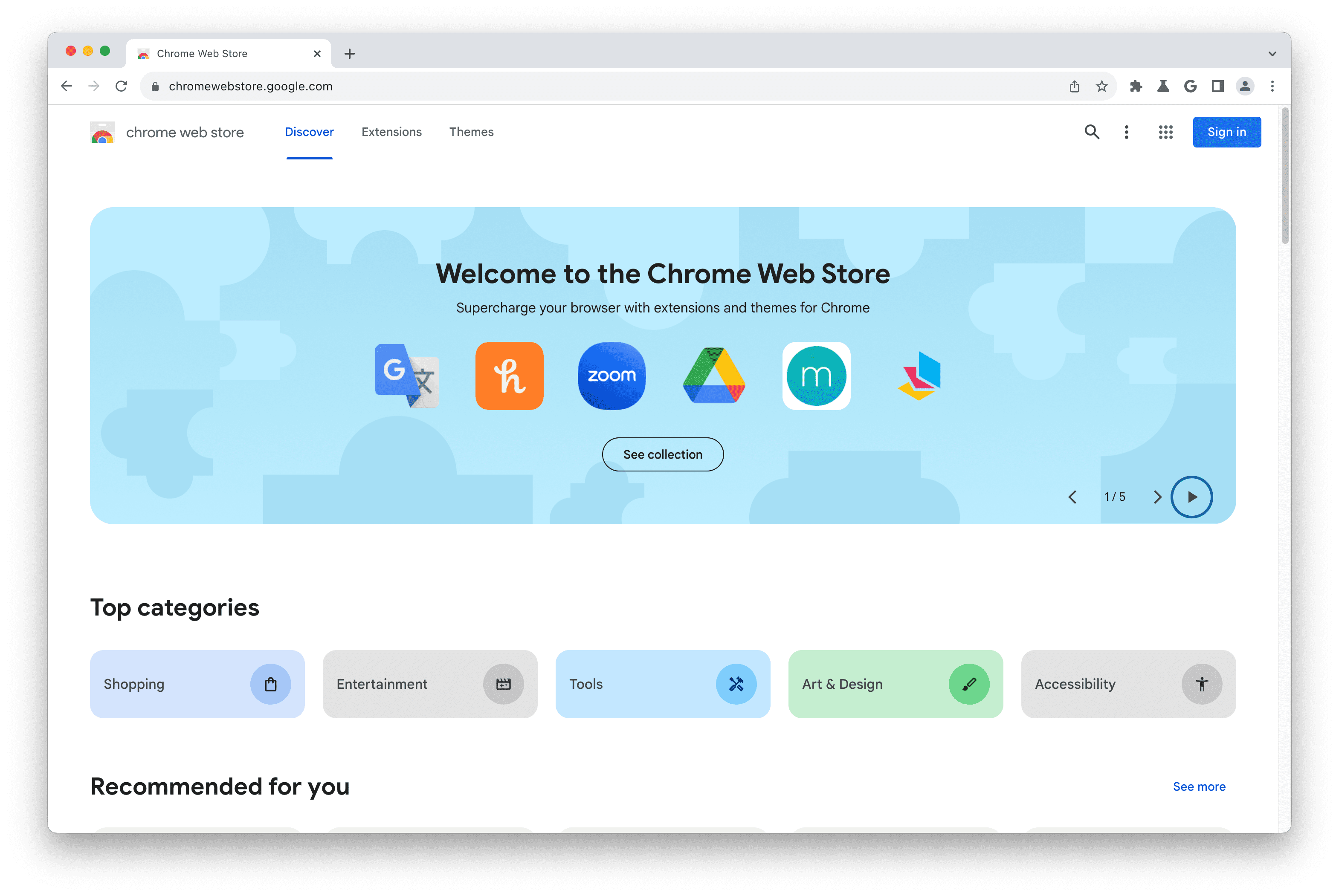 Chrome 应用商店首页的屏幕截图。