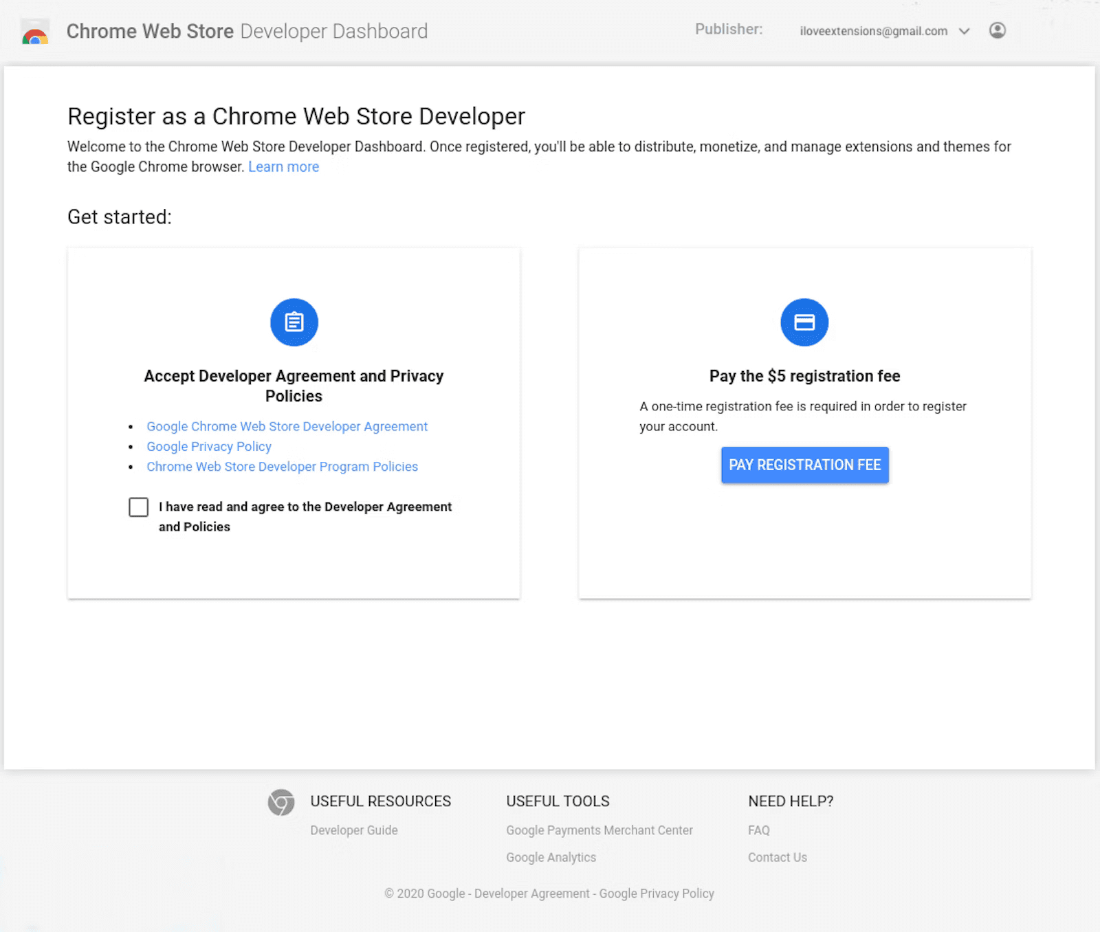 Chrome 应用商店开发者注册页面的屏幕截图