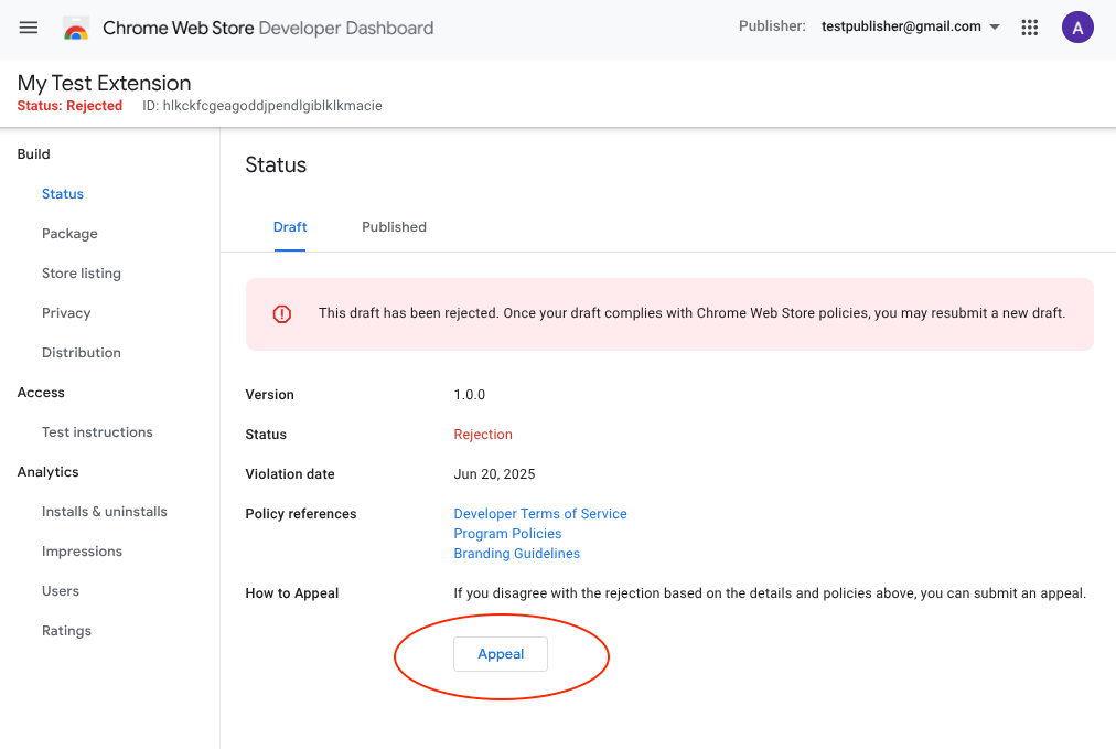A screenshot of the Chrome Web Store developer dashboard showing the item detail page with the appeal button at the bottom.