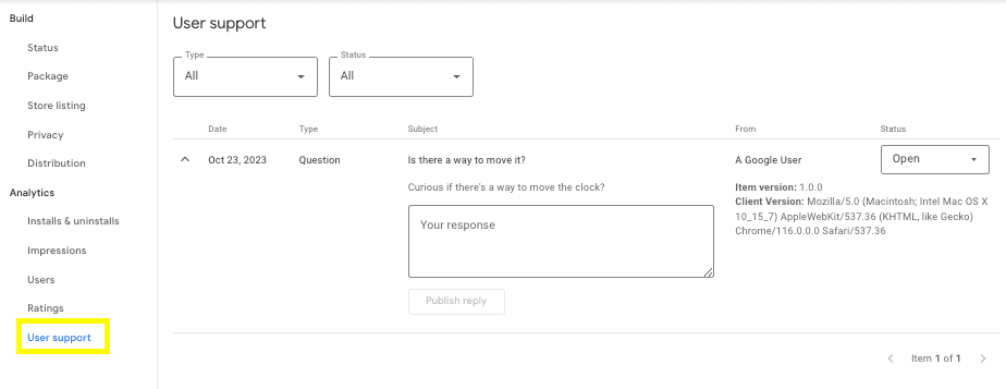 แท็บการสนับสนุนผู้ใช้ในรายการในหน้าแดชบอร์ดของนักพัฒนาซอฟต์แวร์