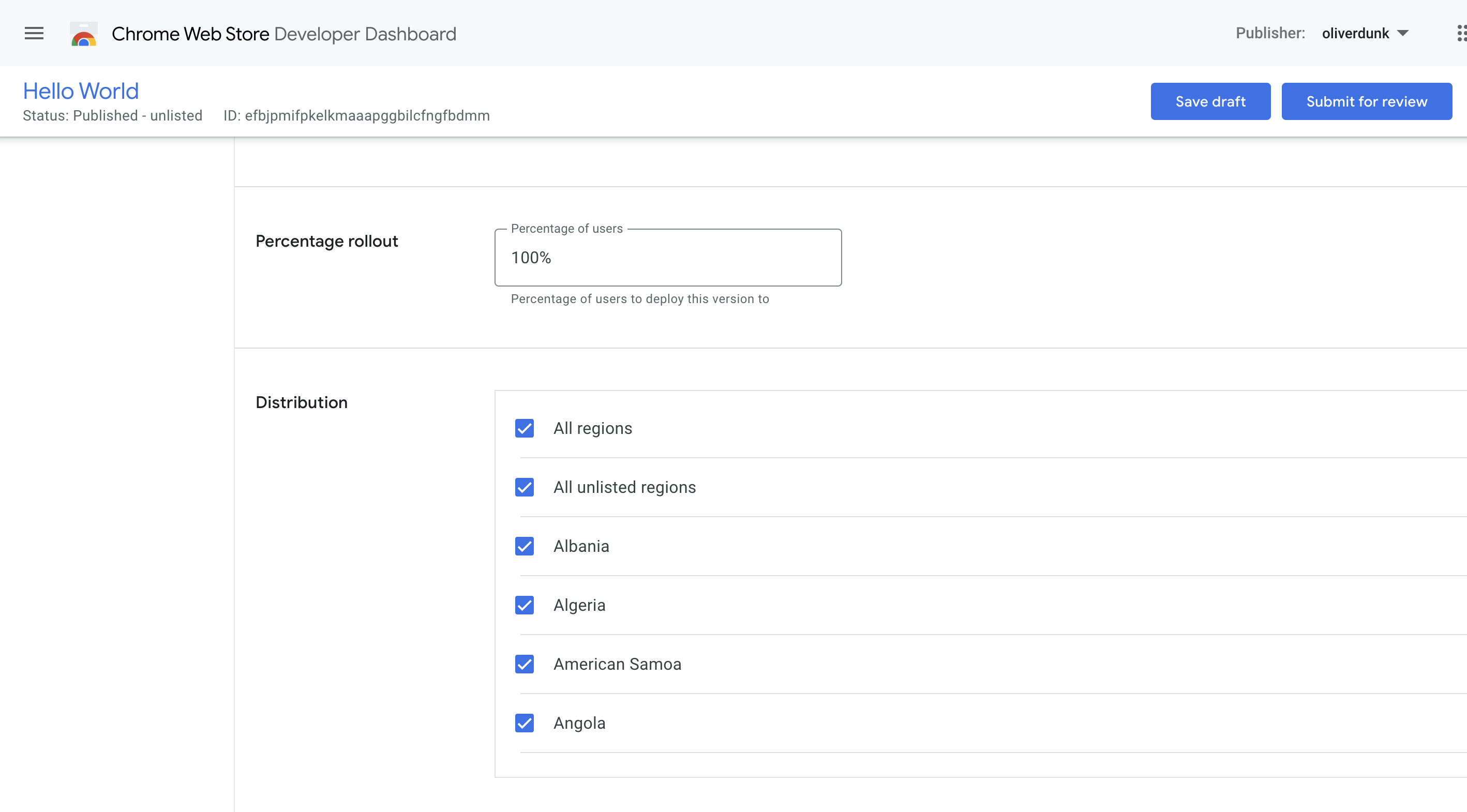 Developer Dashboard showing Distribution tab with visible percentage rollout field