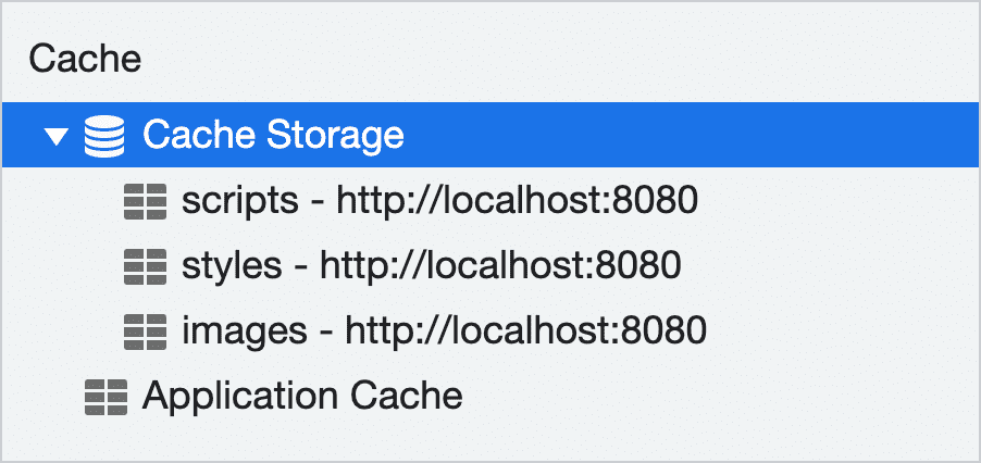 Uno screenshot di un elenco di istanze Cache nella scheda dell&#39;applicazione dei DevTools di Chrome. Vengono mostrate tre cache distinte: una denominata &quot;script&quot;, un&#39;altra &quot;stili&quot; e l&#39;ultima &quot;immagini&quot;.