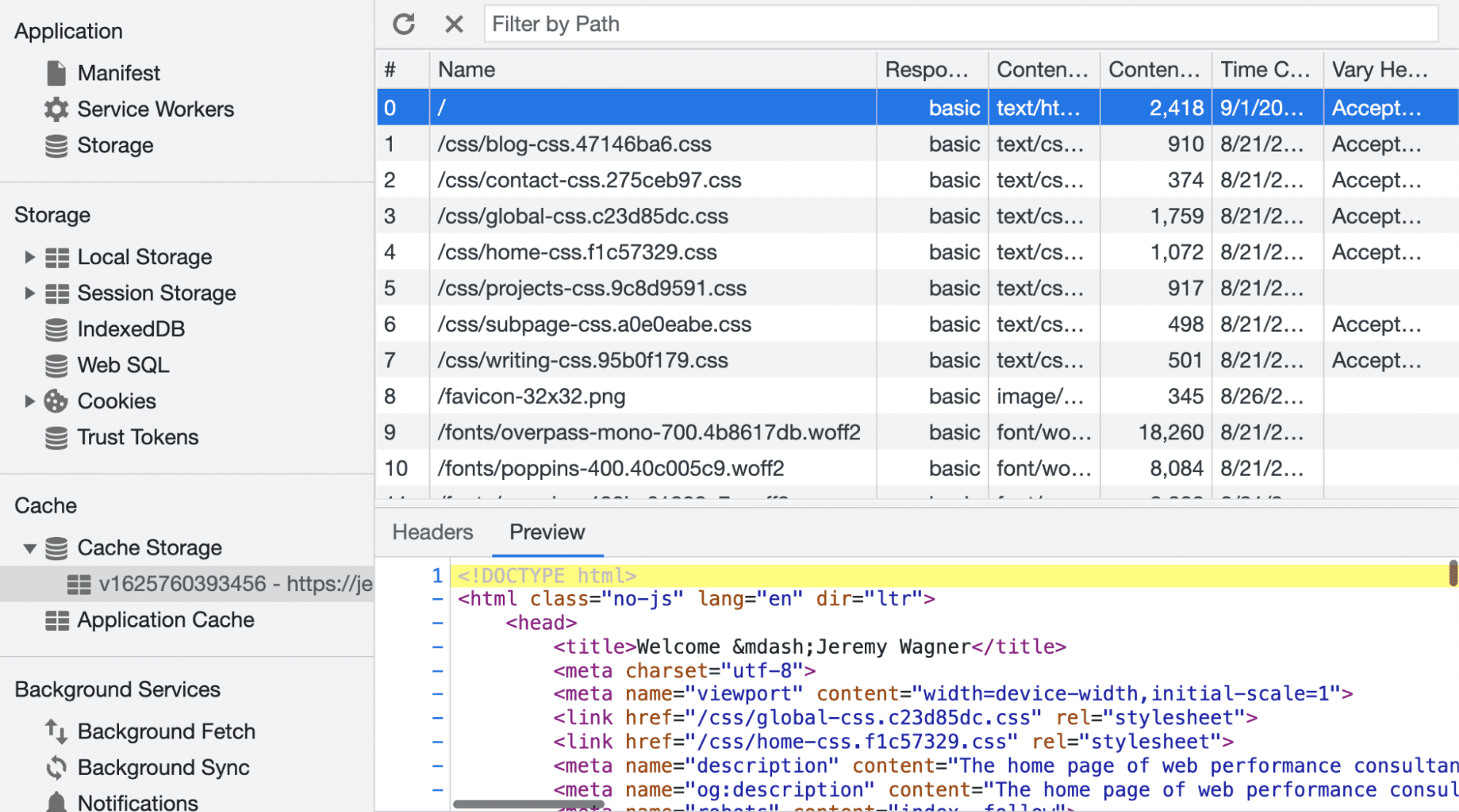 Inspecter le cache dans les outils de développement