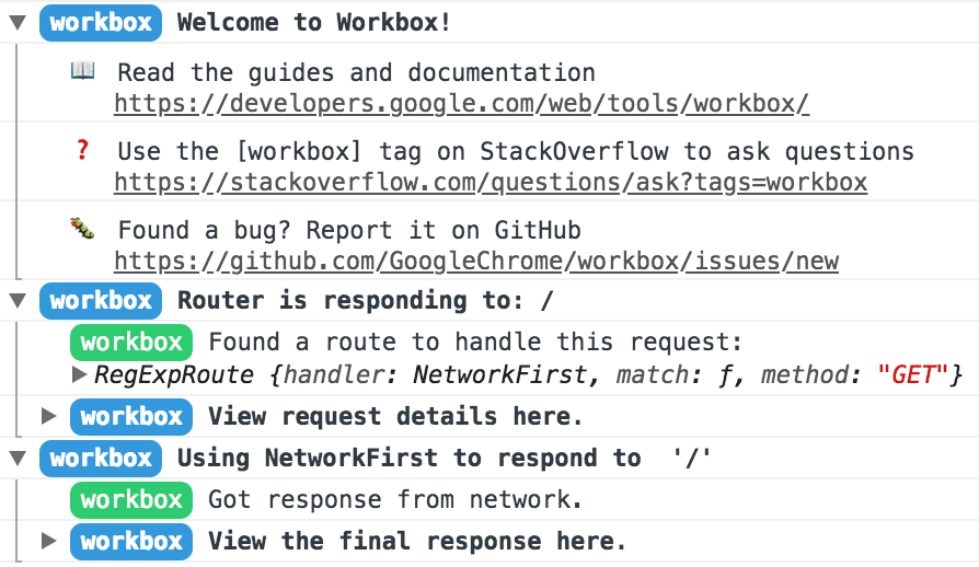 Workbox v3 tarafından sunulan hata ayıklama günlük kaydı örneği.