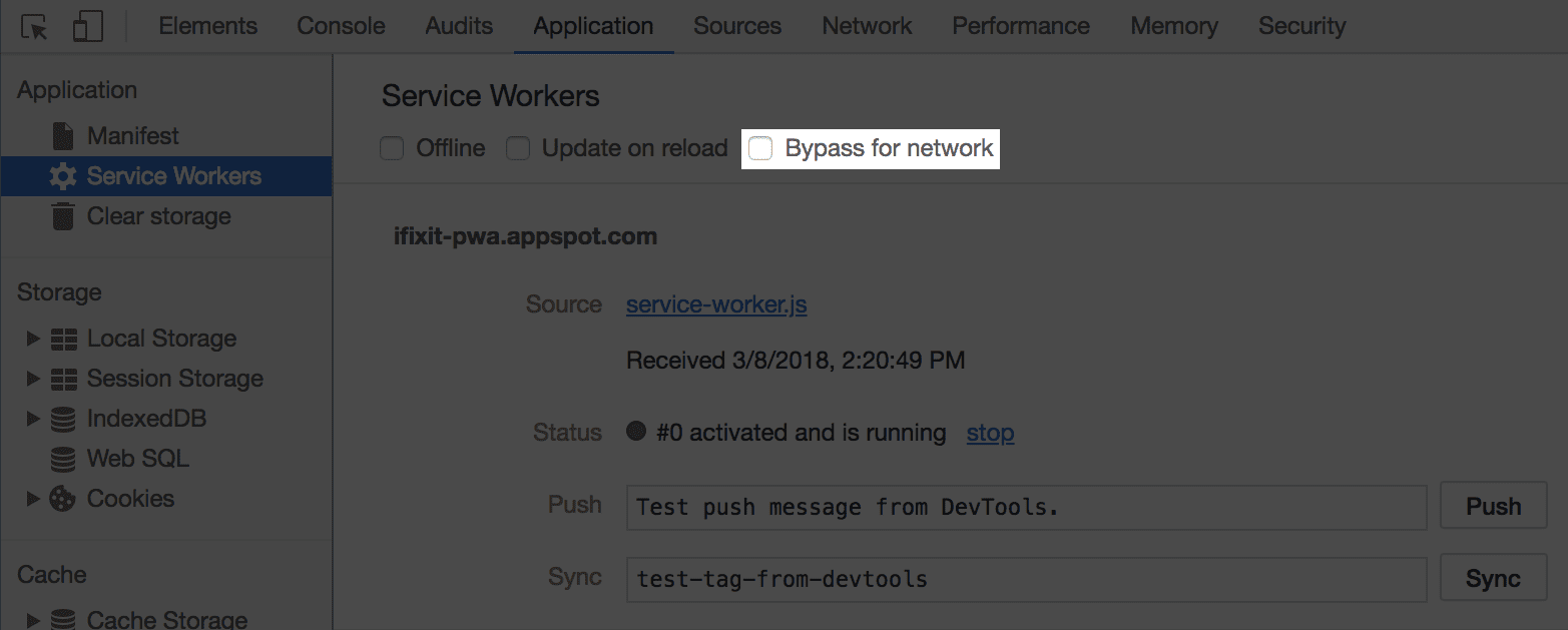 L&#39;opzione Bypassa la rete in Chrome DevTools.