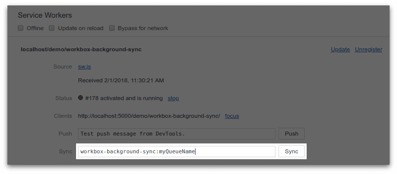 Screenshot utilitas sinkronisasi latar belakang di panel aplikasi DevTools Chrome. Peristiwa sinkronisasi ditetapkan untuk antrean &#39;myQueueName&#39; untuk &#39;workbox-background-sync&#39; ruang lingkup modul ini.