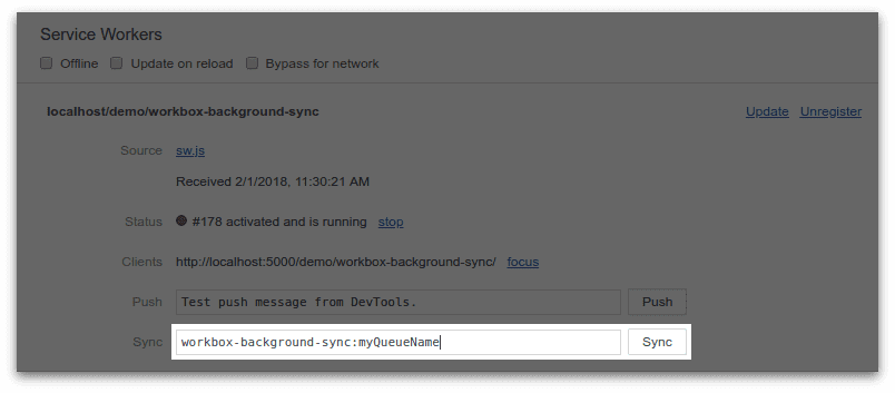 Chrome 开发者工具应用面板中的后台同步实用程序的屏幕截图。为“workbox-background-sync”模块的“myQueueName”队列指定了同步事件。
