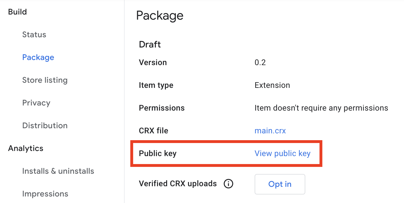 View public key button in Package tab